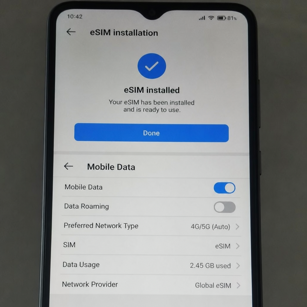 phone screen showing eSIM installation and mobile data settings