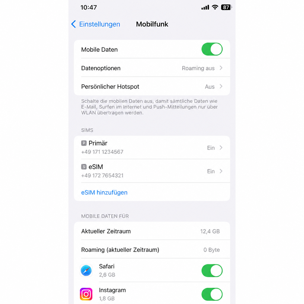 Einstellungen für Mobilfunk und eSIM auf einem iPhone