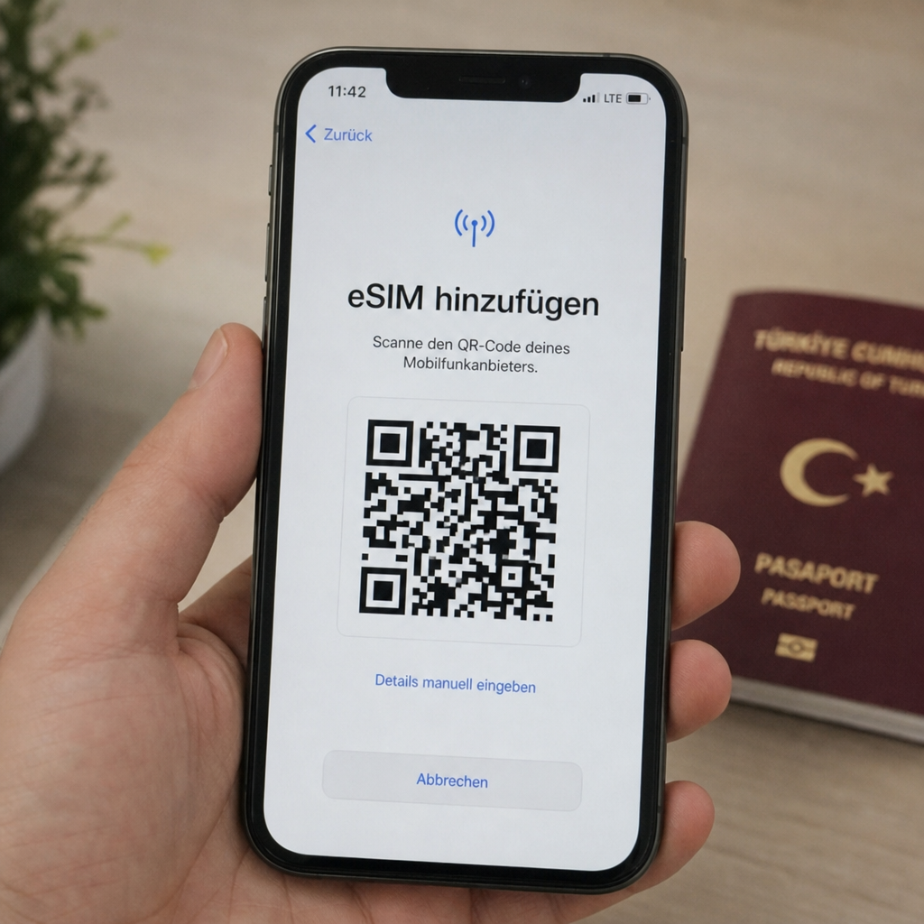 Smartphone zeigt QR-Code Installation einer Türkei eSIM